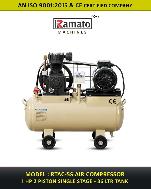 1 Hp 2 Piston Single Stage 36 LTR Tank Air Compressor Manufacturer Exporter india