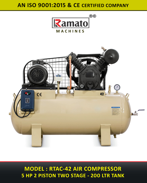 5 HP 2 Piston 2 Stage 200 Ltr Tank Air Compressor Manufacturer Exporter india