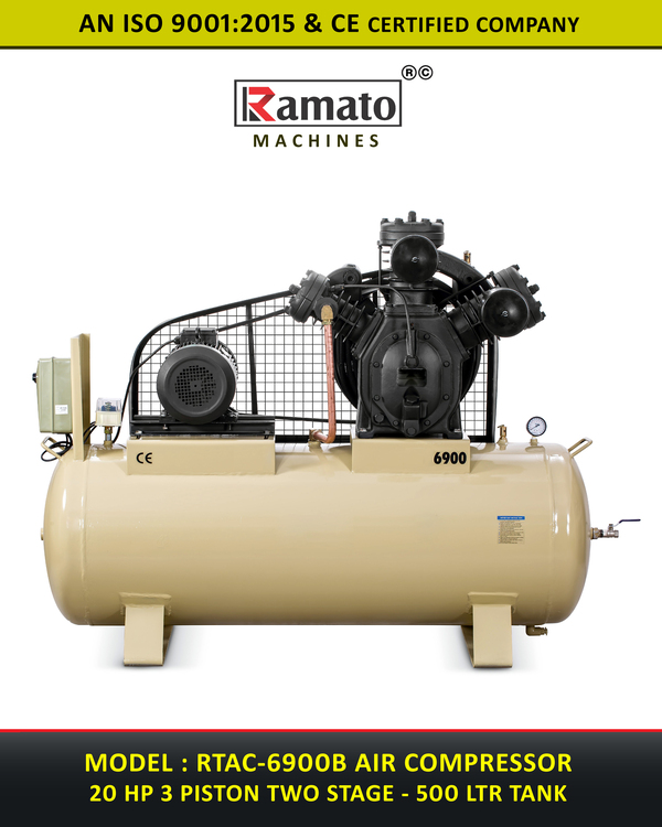 20 HP 3 Piston Two Stage 500 LTR Air Compressor Manufacturer Exporter india